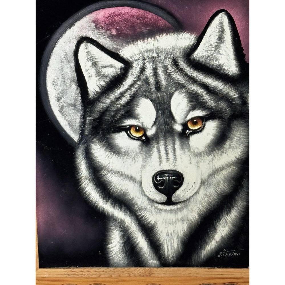 Vintage Oil Painting on Velvet Wolf Mexican Folk Art Velvet Artwork SIGNED 25x19 - Picture 6 of 10